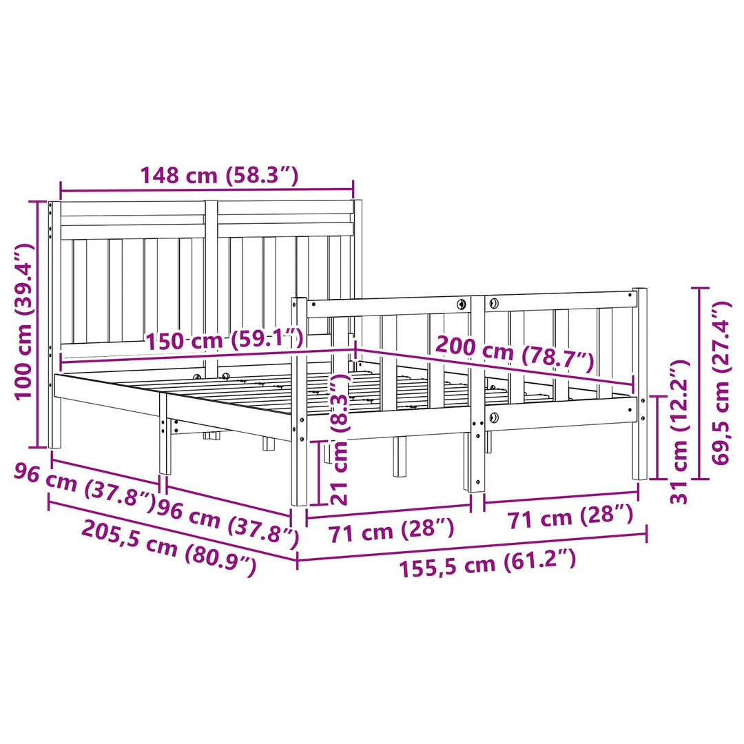 Sängram Vaxbrun 205,5 X 155,5 X 100 Cm Massiv Furu