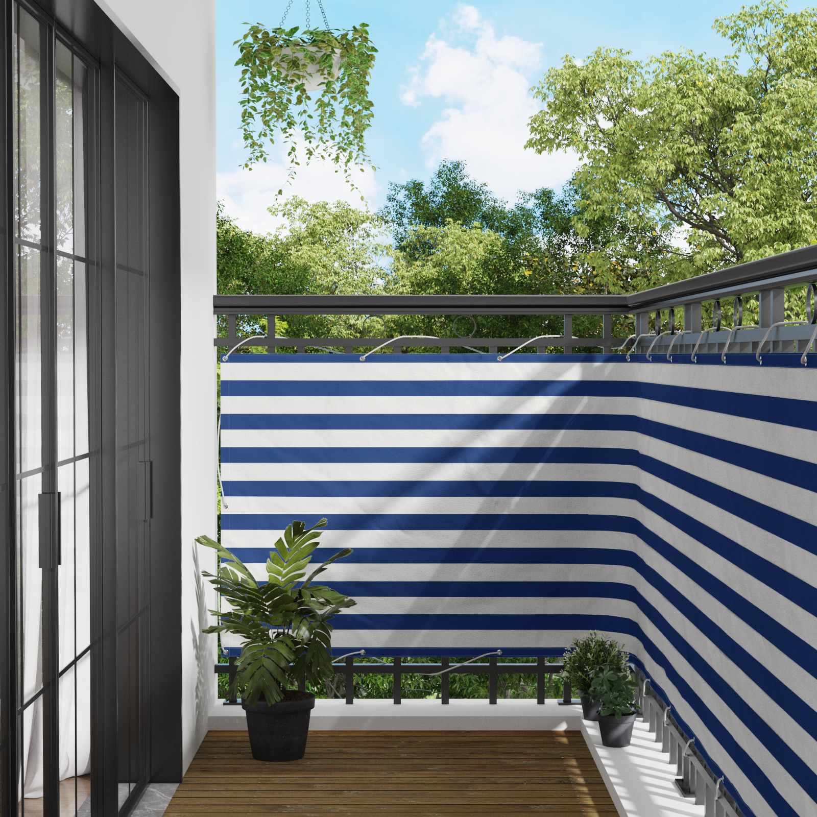 Balkong Skärm 110 X 400 Cm Oxford Tyg Rektangulär Blå Och Vit