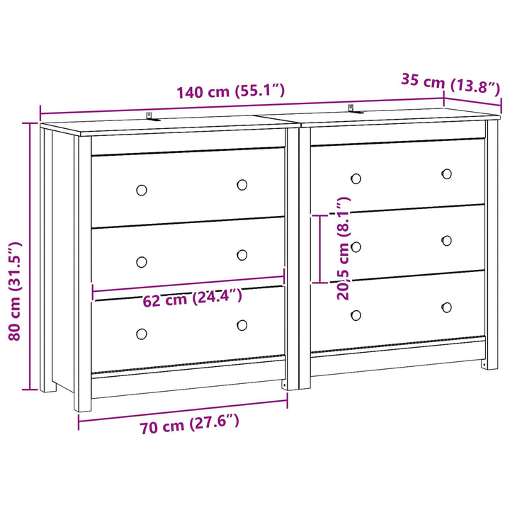 Sideboard Med Låda 2 Pcs Vaxbrun 140 X 35 X 80 Cm Massivt Furu