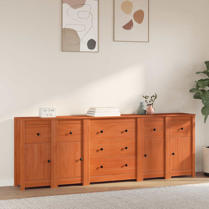 Sideboard Med Låda 5 Pcs Vaxbrun Massivt Furu