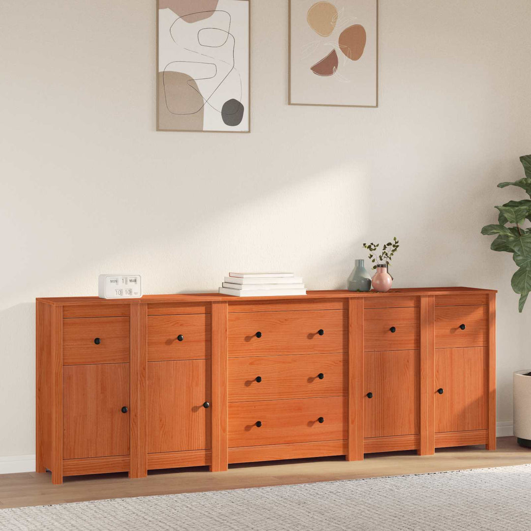 Sideboard Med Låda 5 Pcs Vaxbrun Massivt Furu
