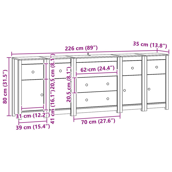 Sideboard Med Låda 5 Pcs Vaxbrun Massivt Furu