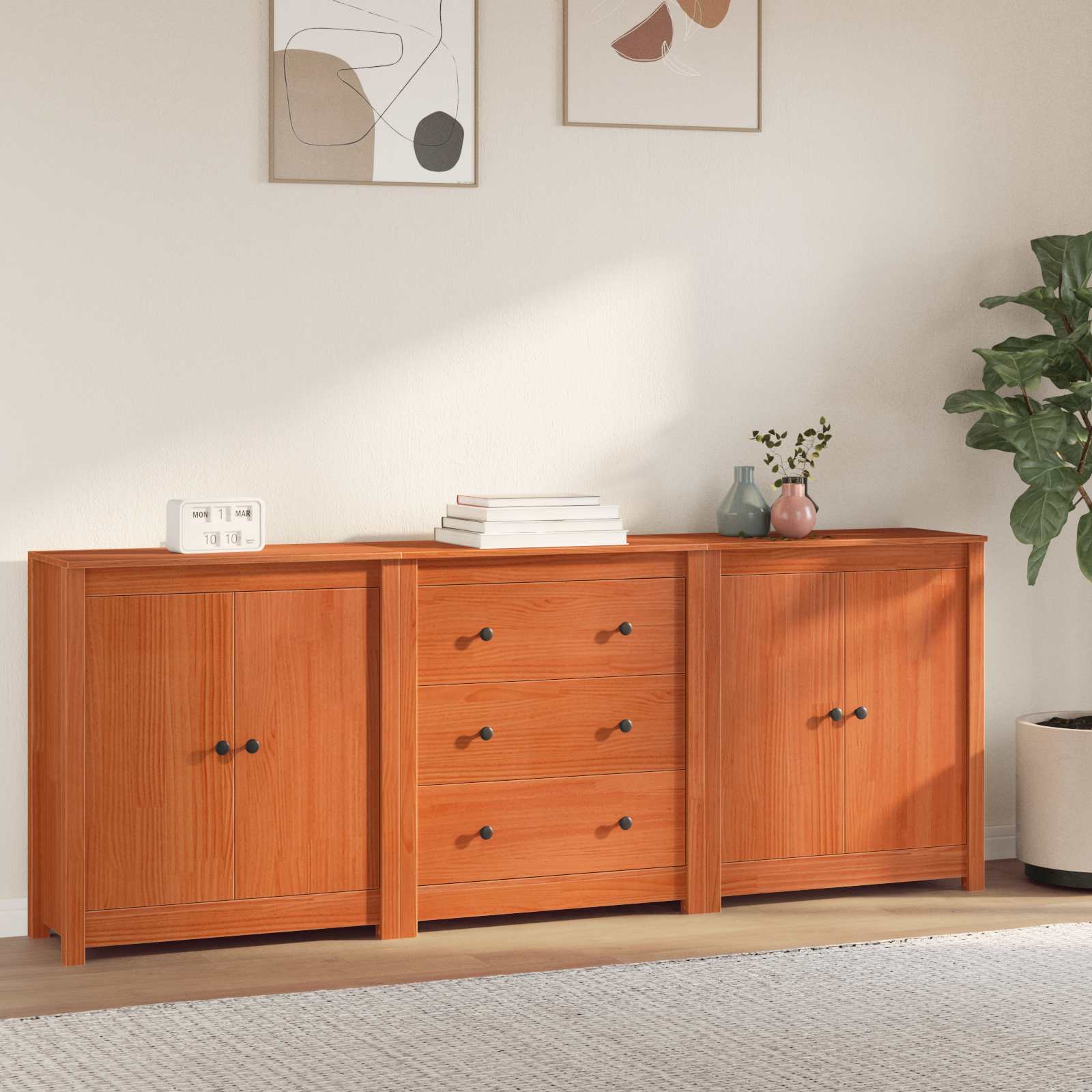 Sideboard Med Låda 3 Pcs Vaxbrun Massivt Furu