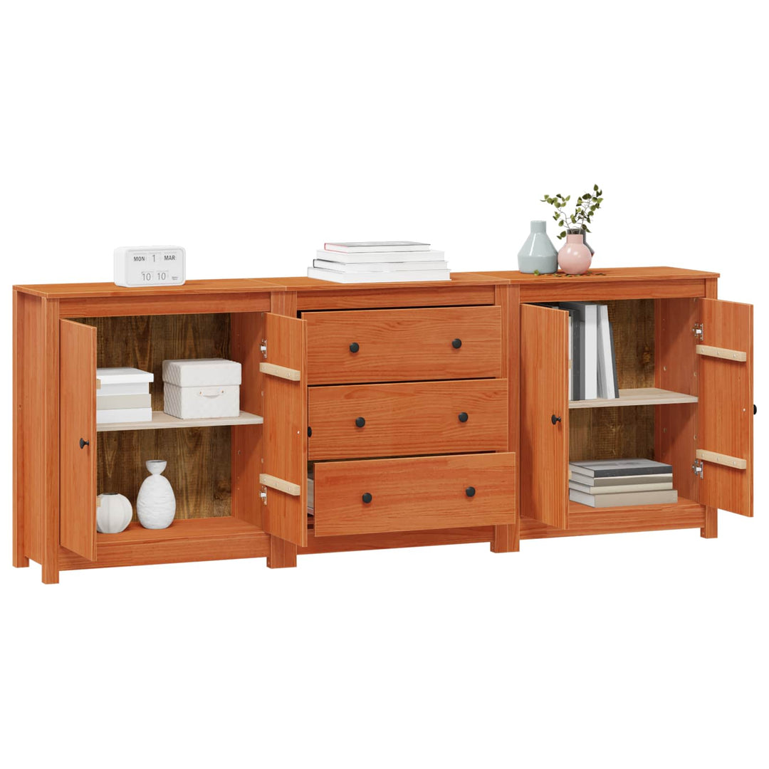 Sideboard Med Låda 3 Pcs Vaxbrun Massivt Furu