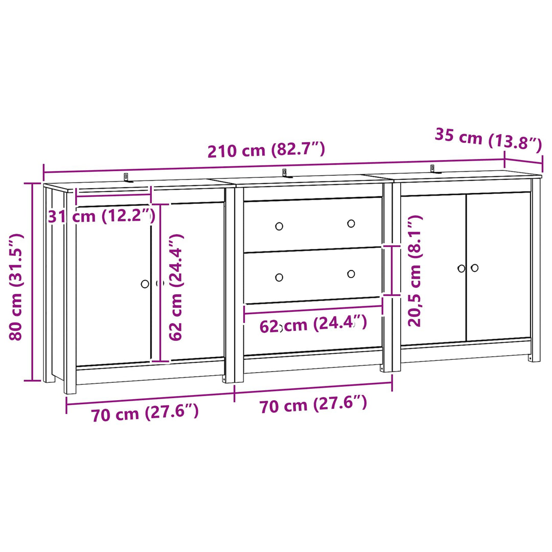 Sideboard Med Låda 3 Pcs Vaxbrun Massivt Furu