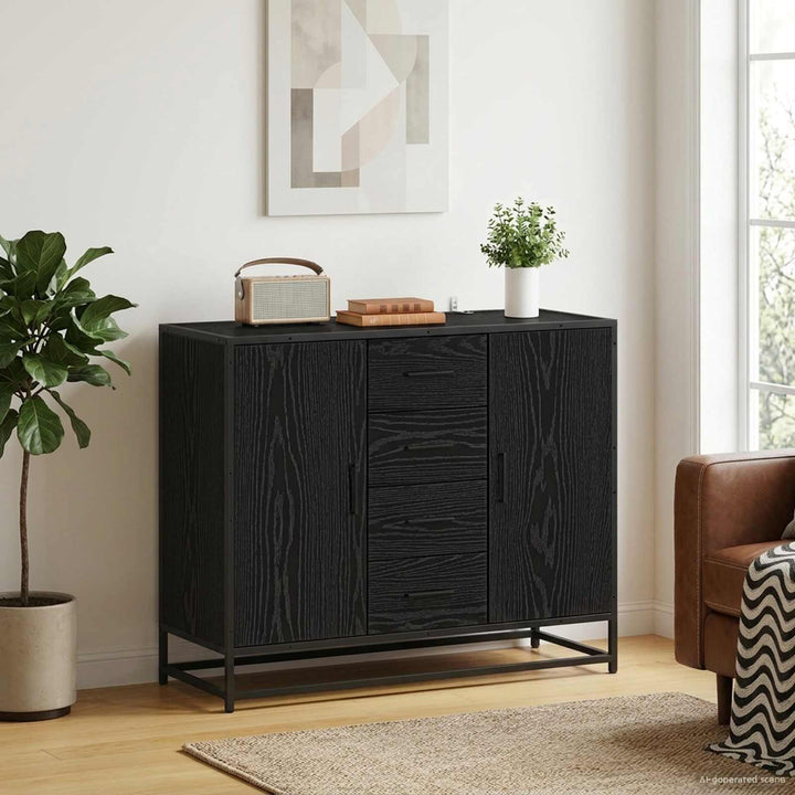 Sideboard Svart Ek 92 X 35 X 76 Cm Konstruerat Trä