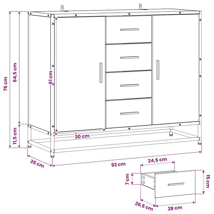 Sideboard Svart Ek 92 X 35 X 76 Cm Konstruerat Trä